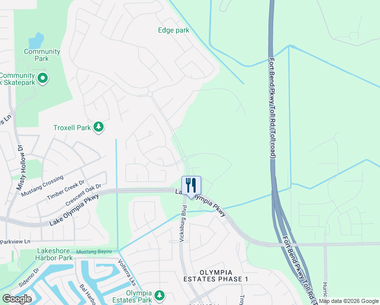 map of restaurants, bars, coffee shops, grocery stores, and more near Lake Olympia Parkway in Missouri City