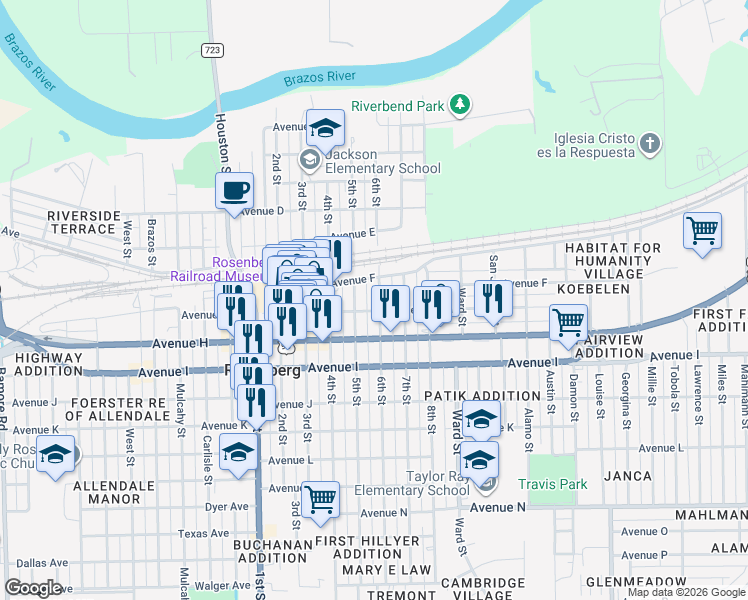 map of restaurants, bars, coffee shops, grocery stores, and more near 2302 Avenue F in Rosenberg