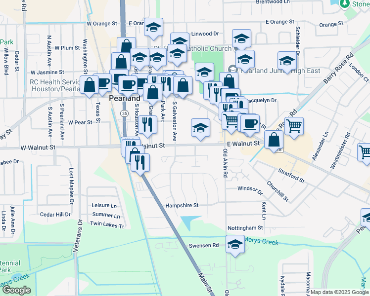 map of restaurants, bars, coffee shops, grocery stores, and more near 3519 East Walnut Street in Pearland