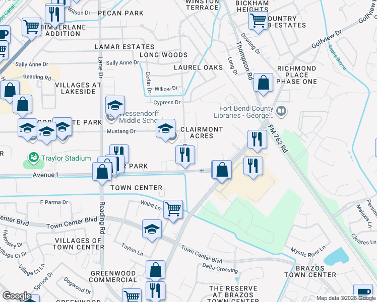map of restaurants, bars, coffee shops, grocery stores, and more near 2101 Lamar Drive in Richmond