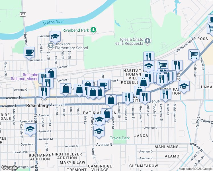 map of restaurants, bars, coffee shops, grocery stores, and more near 2725 Avenue F in Rosenberg