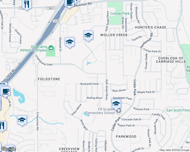 map of restaurants, bars, coffee shops, grocery stores, and more near 8107 Rustic Terrace in San Antonio