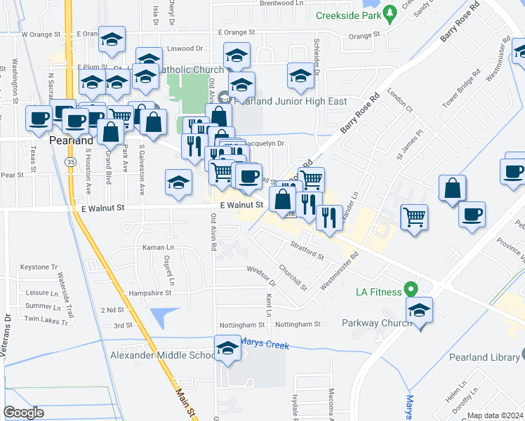 map of restaurants, bars, coffee shops, grocery stores, and more near 3612 Broadway Street in Pearland