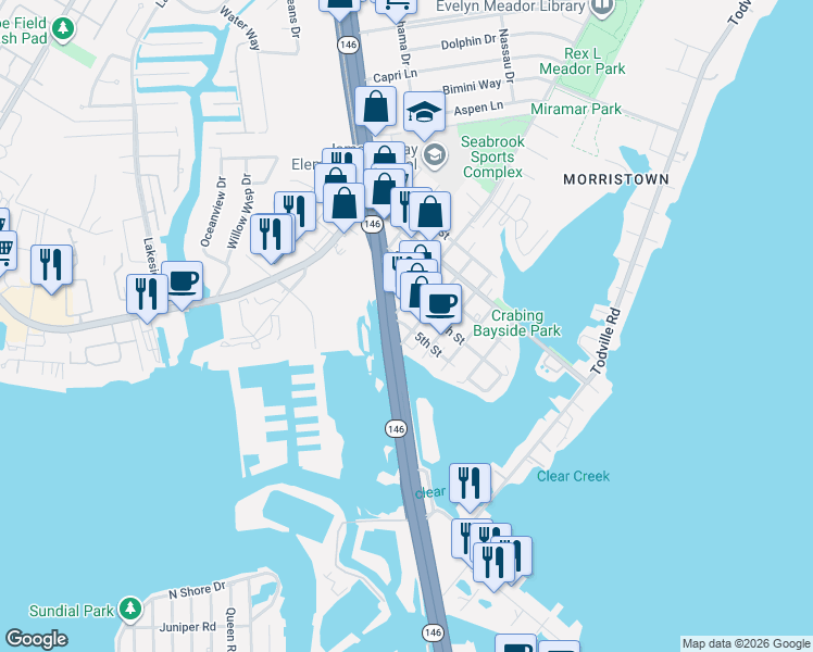 map of restaurants, bars, coffee shops, grocery stores, and more near 913 East Meyer Avenue in Seabrook