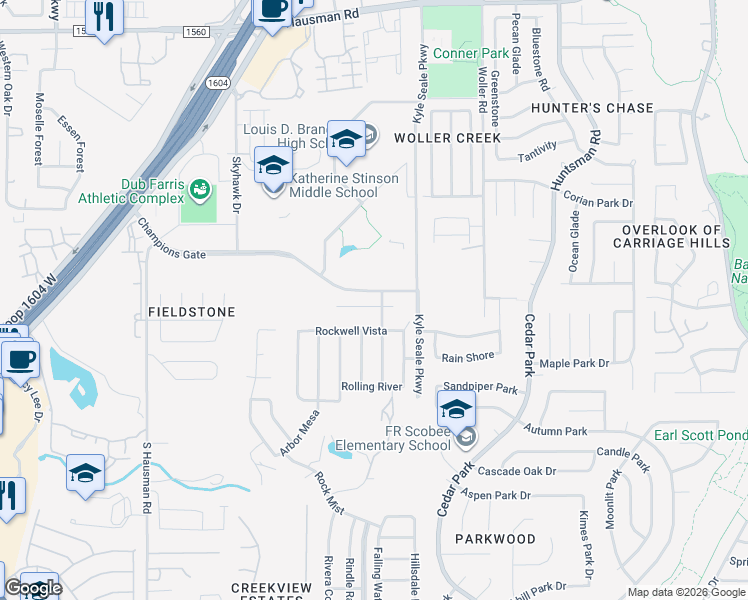 map of restaurants, bars, coffee shops, grocery stores, and more near 8107 Rustic Terrace in San Antonio