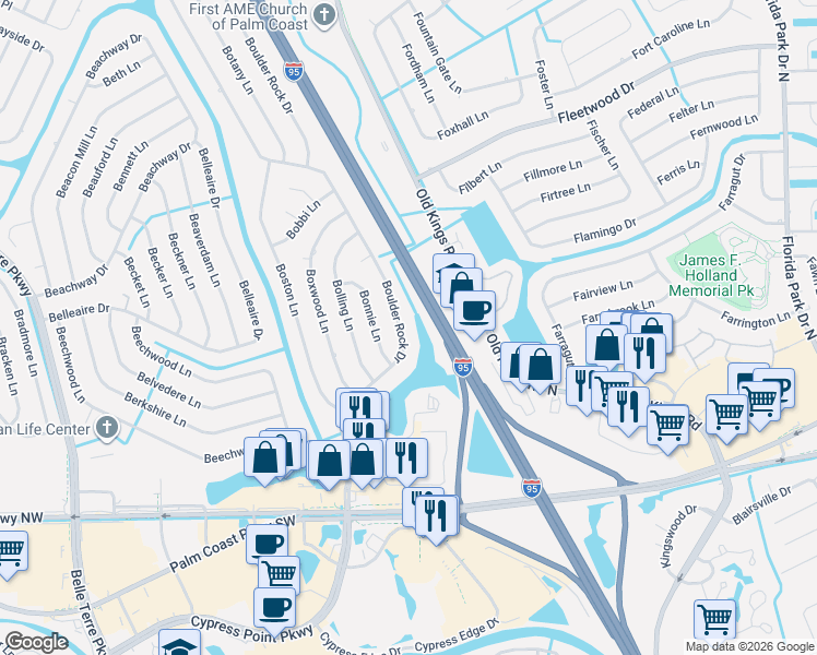 map of restaurants, bars, coffee shops, grocery stores, and more near 48 Boulder Rock Drive in Palm Coast
