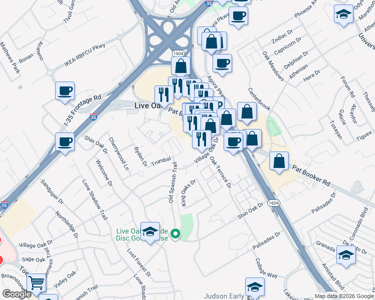 map of restaurants, bars, coffee shops, grocery stores, and more near 8020 Pat Booker Road in Live Oak
