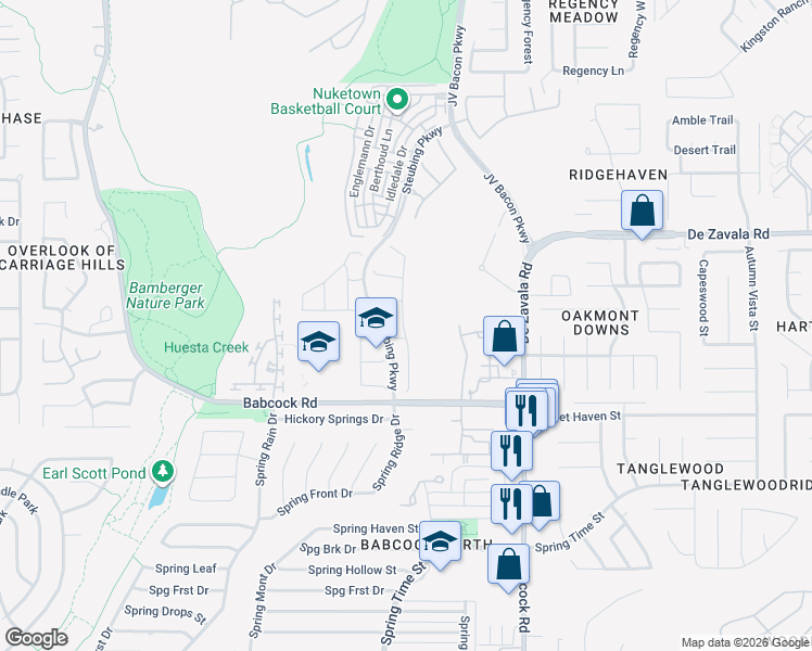 map of restaurants, bars, coffee shops, grocery stores, and more near 12418 Chena Lake in San Antonio