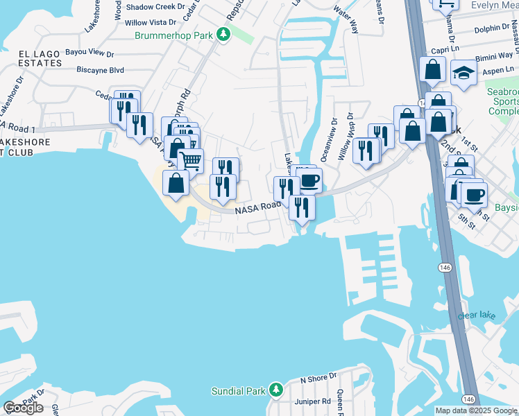 map of restaurants, bars, coffee shops, grocery stores, and more near 2800 NASA Road 1 in Seabrook