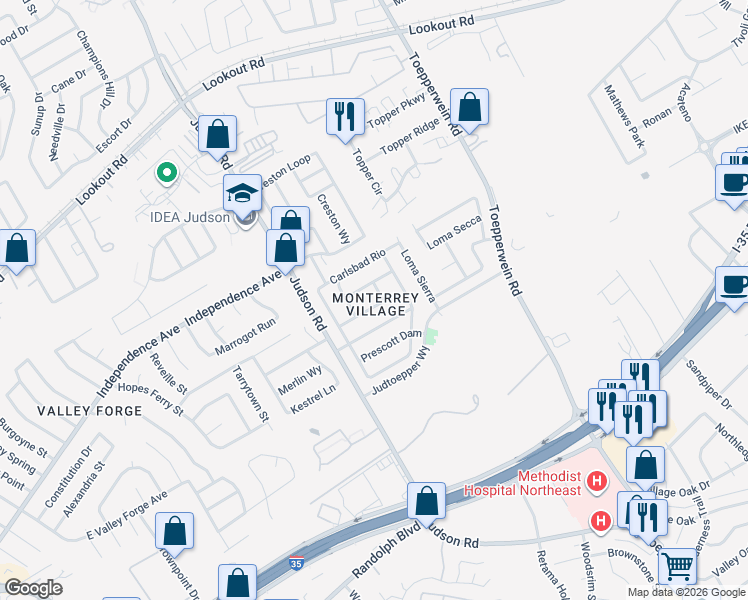 map of restaurants, bars, coffee shops, grocery stores, and more near 6627 Clovis Court in San Antonio