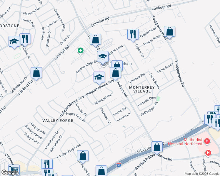 map of restaurants, bars, coffee shops, grocery stores, and more near 13129 Independence Avenue in San Antonio