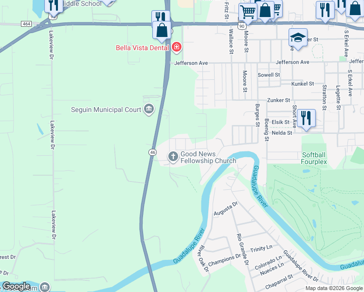 map of restaurants, bars, coffee shops, grocery stores, and more near 1074 B and B Road in Seguin