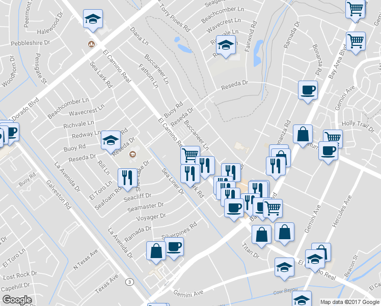 map of restaurants, bars, coffee shops, grocery stores, and more near 16335 El Camino Real in Houston