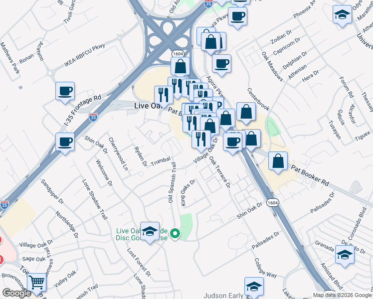 map of restaurants, bars, coffee shops, grocery stores, and more near 8020 Pat Booker Road in Live Oak