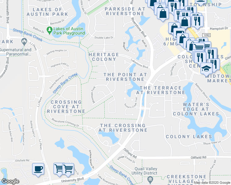 map of restaurants, bars, coffee shops, grocery stores, and more near 3759 Heritage Colony Drive in Missouri City