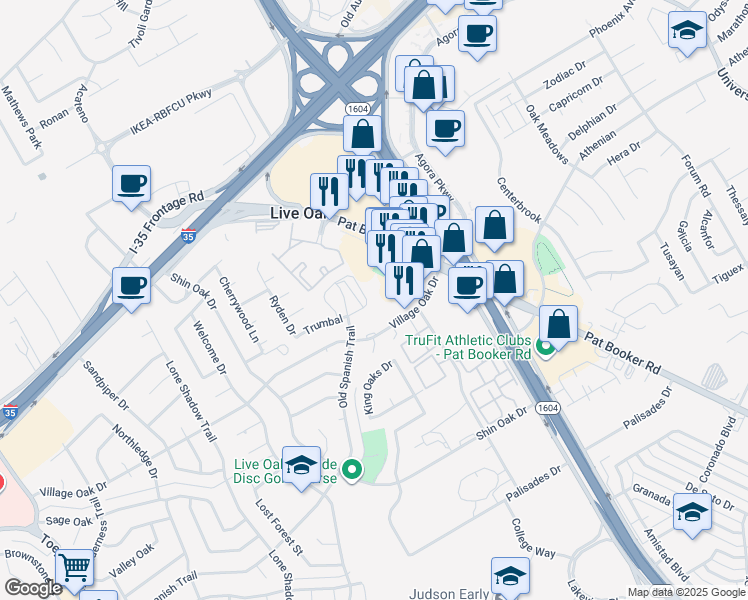 map of restaurants, bars, coffee shops, grocery stores, and more near 8020 Pat Booker Road in Live Oak