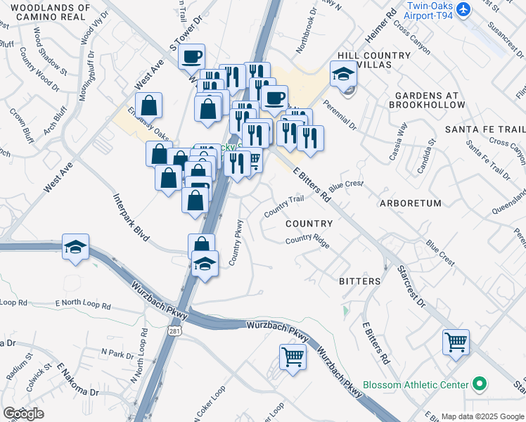 map of restaurants, bars, coffee shops, grocery stores, and more near 13019 Country Trail in San Antonio
