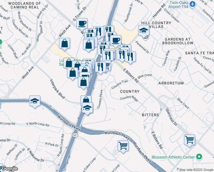 map of restaurants, bars, coffee shops, grocery stores, and more near 13019 Country Trail in San Antonio