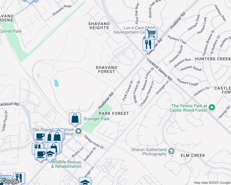 map of restaurants, bars, coffee shops, grocery stores, and more near 12811 Path Finder Lane in San Antonio