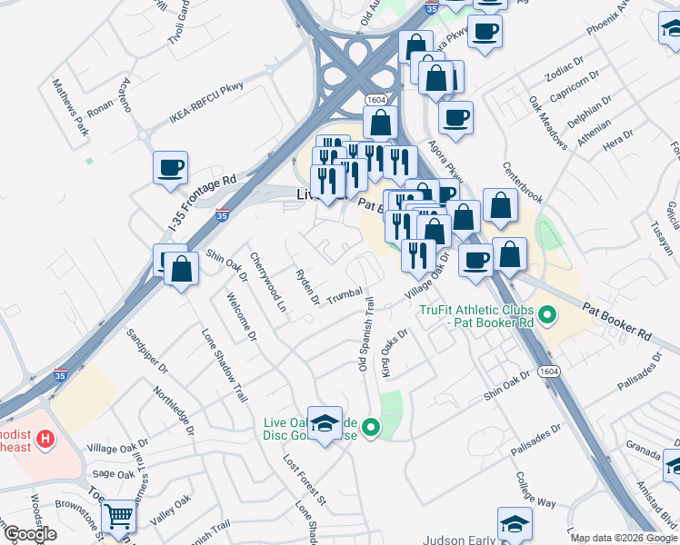 map of restaurants, bars, coffee shops, grocery stores, and more near 7811 Bovis Court in Live Oak