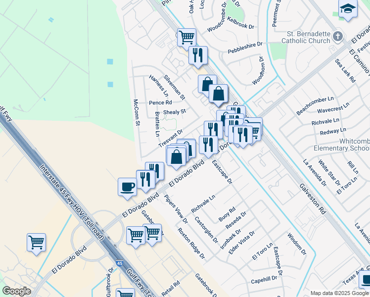 map of restaurants, bars, coffee shops, grocery stores, and more near 503 El Dorado Boulevard in Webster