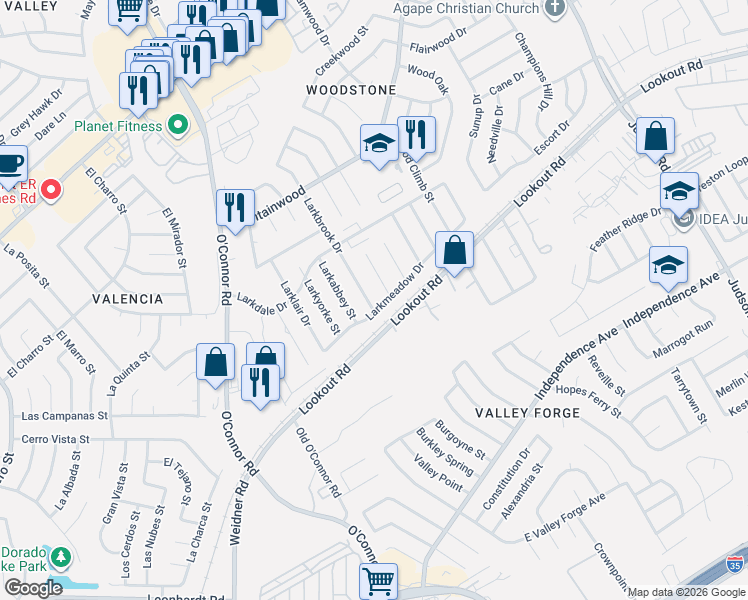 map of restaurants, bars, coffee shops, grocery stores, and more near 13211 Larkwalk Street in San Antonio