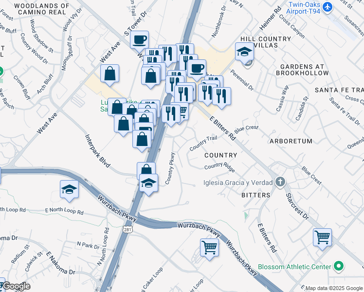 map of restaurants, bars, coffee shops, grocery stores, and more near 13019 Country Trail in San Antonio