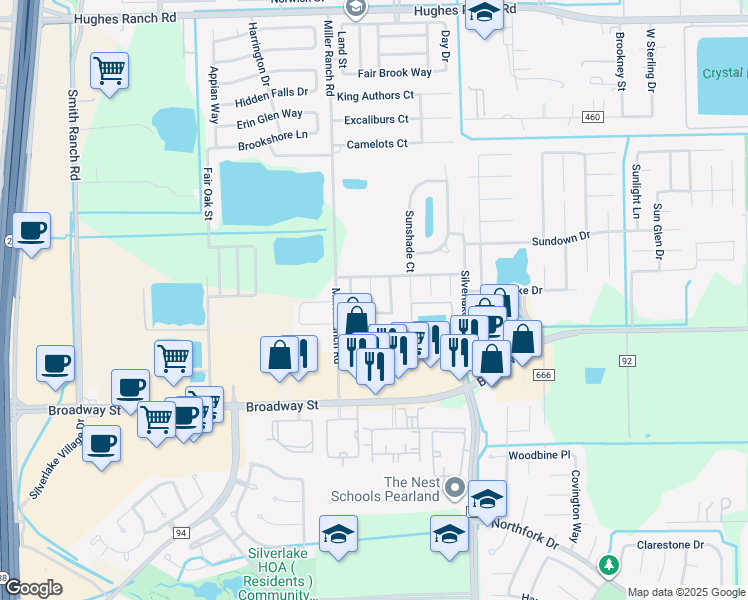 map of restaurants, bars, coffee shops, grocery stores, and more near 2709 Sunhill Court in Pearland