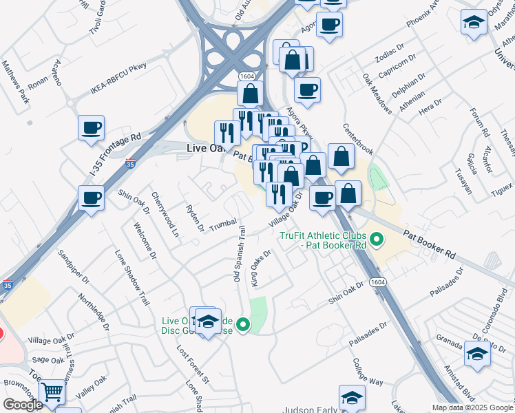 map of restaurants, bars, coffee shops, grocery stores, and more near 8020 Pat Booker Road in Live Oak