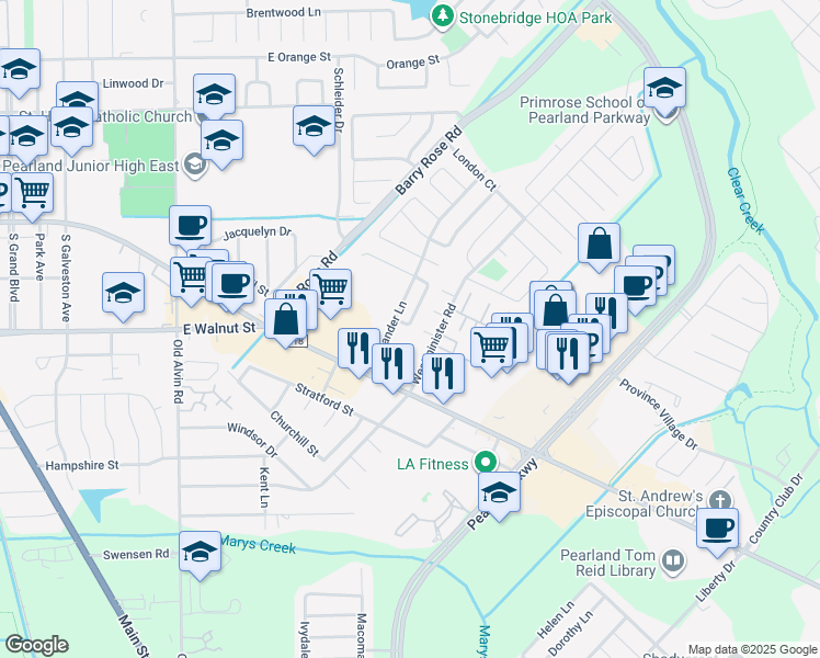 map of restaurants, bars, coffee shops, grocery stores, and more near 2517 Nicholas Drive in Pearland
