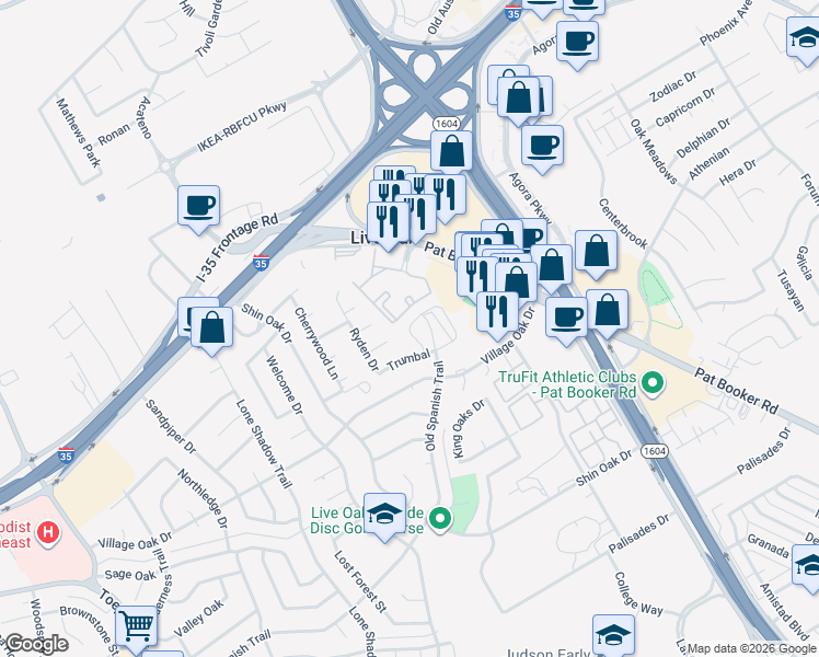 map of restaurants, bars, coffee shops, grocery stores, and more near 7811 Bovis Court in Live Oak