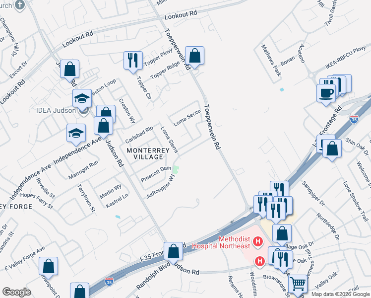 map of restaurants, bars, coffee shops, grocery stores, and more near 6742 Loma Vino in San Antonio