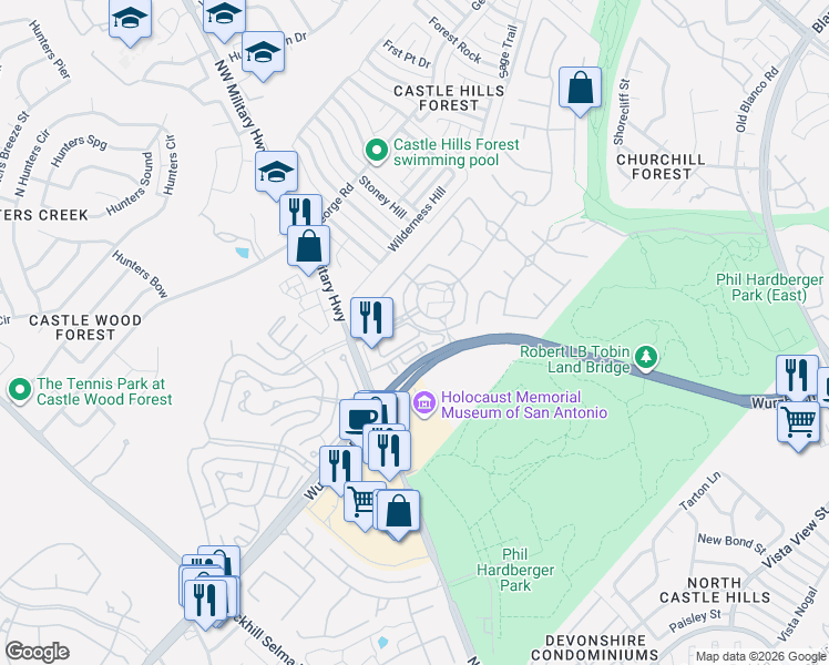 map of restaurants, bars, coffee shops, grocery stores, and more near 2618 Fairfield Bend Drive in San Antonio
