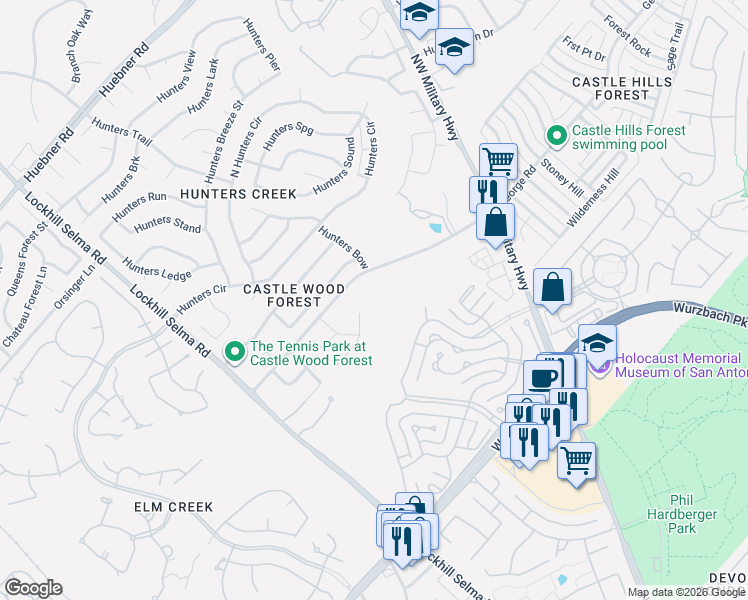map of restaurants, bars, coffee shops, grocery stores, and more near 13102 George Road in San Antonio