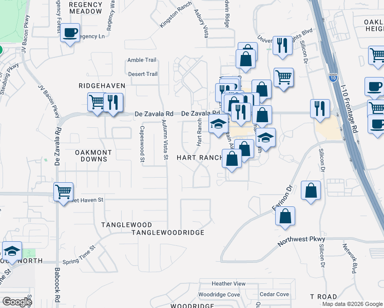 map of restaurants, bars, coffee shops, grocery stores, and more near 6106 Hart Glen in San Antonio