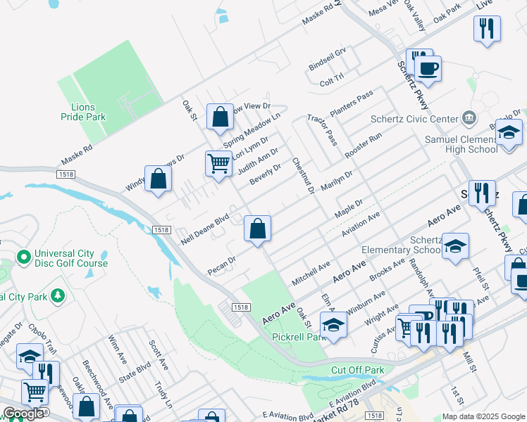 map of restaurants, bars, coffee shops, grocery stores, and more near 209 Linda Court in Schertz