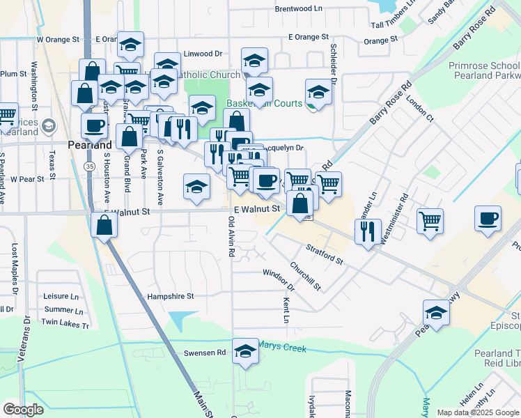 map of restaurants, bars, coffee shops, grocery stores, and more near 3345 East Walnut Street in Pearland