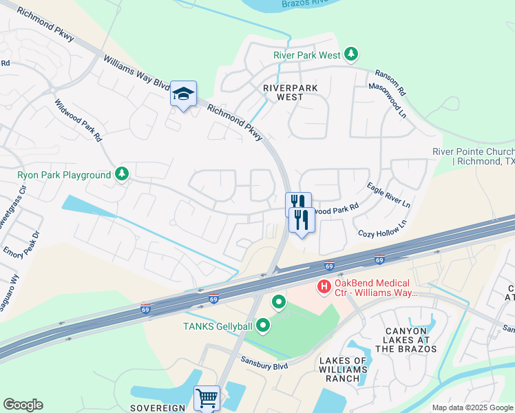map of restaurants, bars, coffee shops, grocery stores, and more near 1911 Autumn Field Lane in Richmond