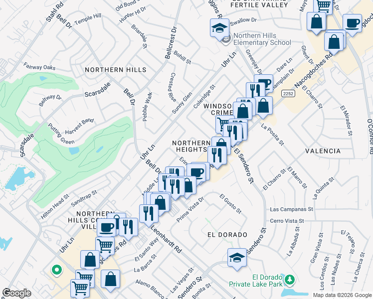 map of restaurants, bars, coffee shops, grocery stores, and more near 4810 Aspen View in San Antonio