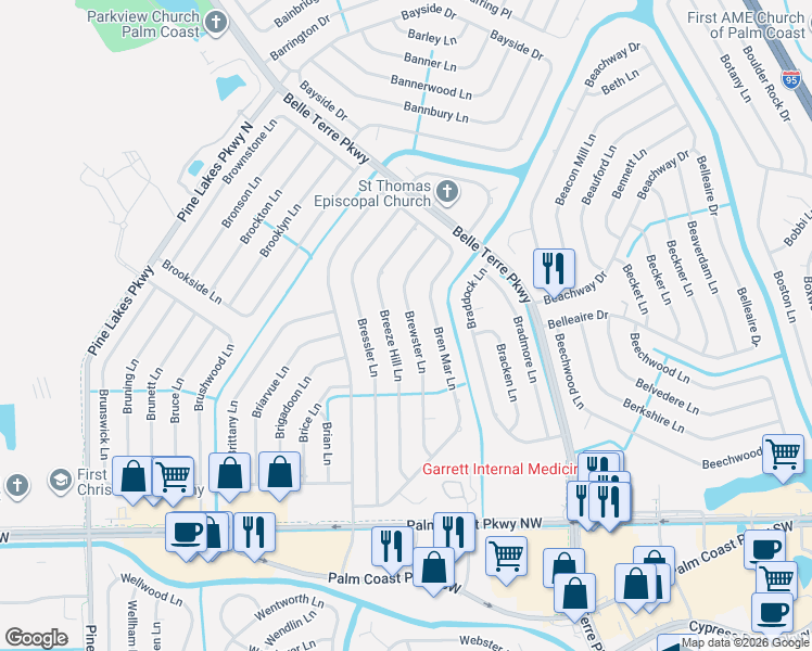 map of restaurants, bars, coffee shops, grocery stores, and more near 125 Bren Mar Lane in Palm Coast