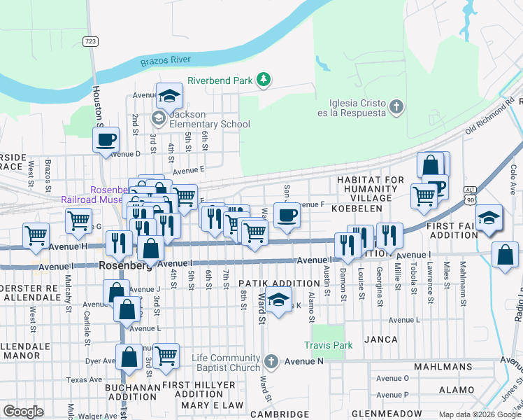 map of restaurants, bars, coffee shops, grocery stores, and more near 2523 Avenue F in Rosenberg