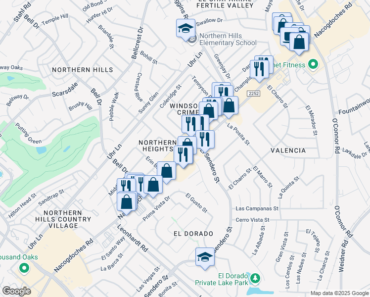 map of restaurants, bars, coffee shops, grocery stores, and more near 13117 Nacogdoches Road in San Antonio