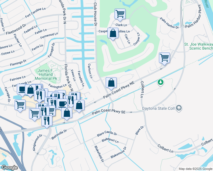 map of restaurants, bars, coffee shops, grocery stores, and more near 3 Club House Drive in Palm Coast