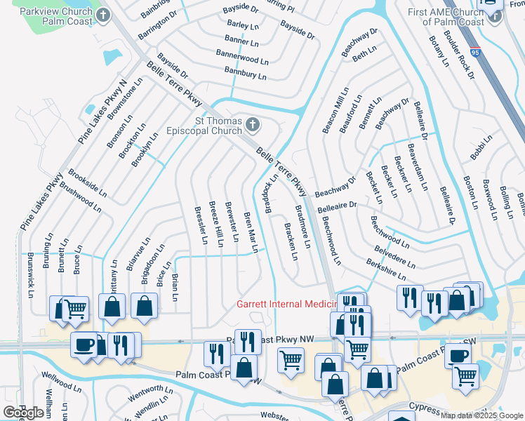 map of restaurants, bars, coffee shops, grocery stores, and more near 93 Braddock Lane in Palm Coast