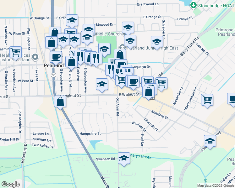 map of restaurants, bars, coffee shops, grocery stores, and more near 2695 Old Alvin Road in Pearland