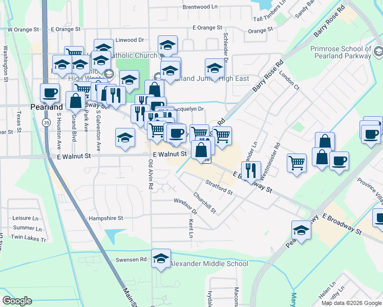 map of restaurants, bars, coffee shops, grocery stores, and more near 3241 East Walnut Street in Pearland