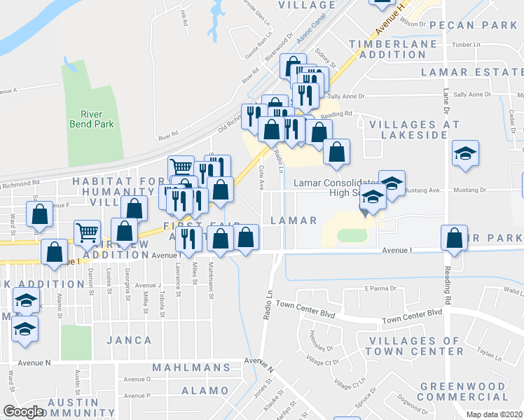 map of restaurants, bars, coffee shops, grocery stores, and more near 951 Cole Avenue in Rosenberg