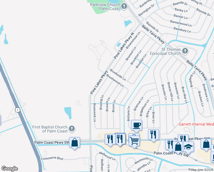 map of restaurants, bars, coffee shops, grocery stores, and more near 91 Bruning Lane in Palm Coast