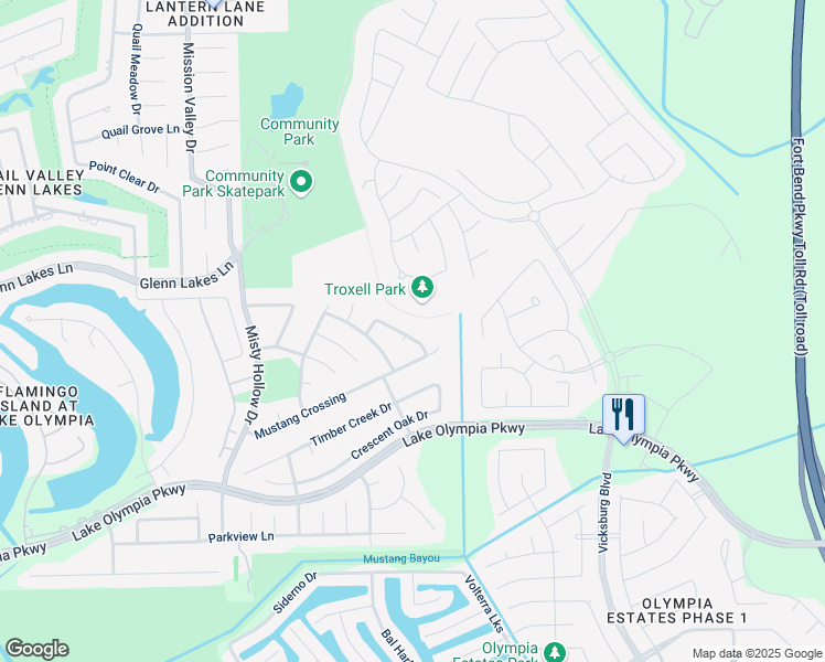 map of restaurants, bars, coffee shops, grocery stores, and more near 1614 Dusty Ridge in Missouri City