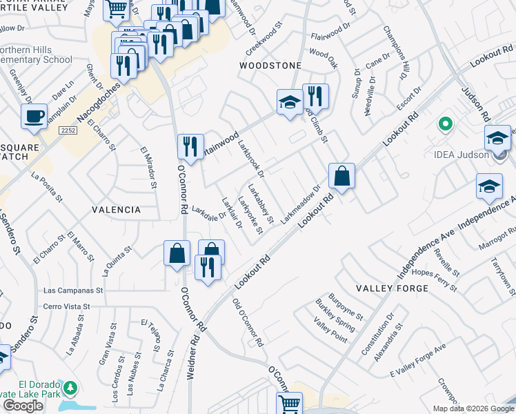 map of restaurants, bars, coffee shops, grocery stores, and more near 13126 Larkabbey Street in San Antonio